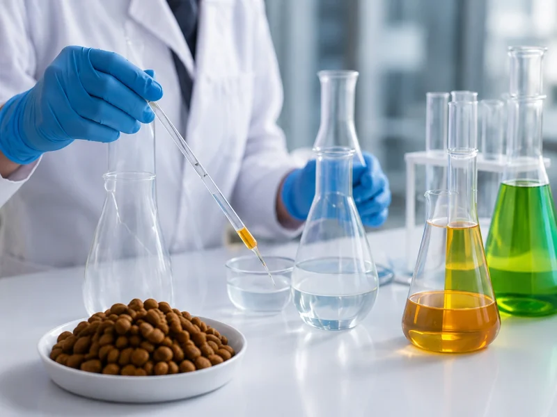 Laboratory illustration showing a gloved technician, glassware and a bowl of pet food.