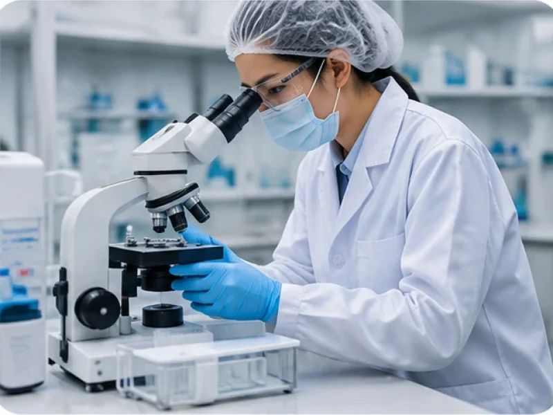Laboratory technician using a microscope while wearing gloves, a mask and a hair cover.